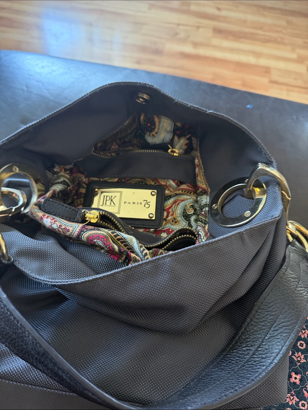 JPK Paris 75 Charcoal Gray Hobo Bag with Paisley Lining
